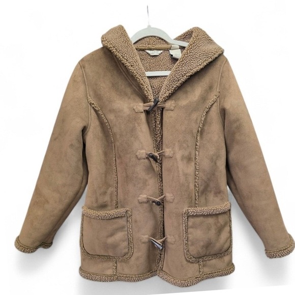 L.L. Bean Jackets & Blazers - LL Bean Womens Medium Petite Faux Suede Sherpa Lined Hooded Toggle Jacket Brown